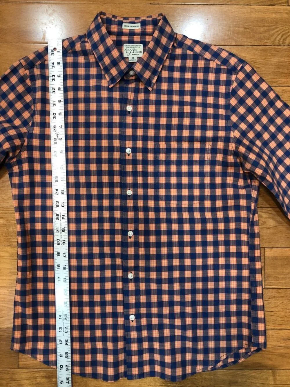 J Crew Slim Untucked Organic Cotton Orange Blue Plaid Button Front Shirt Size M